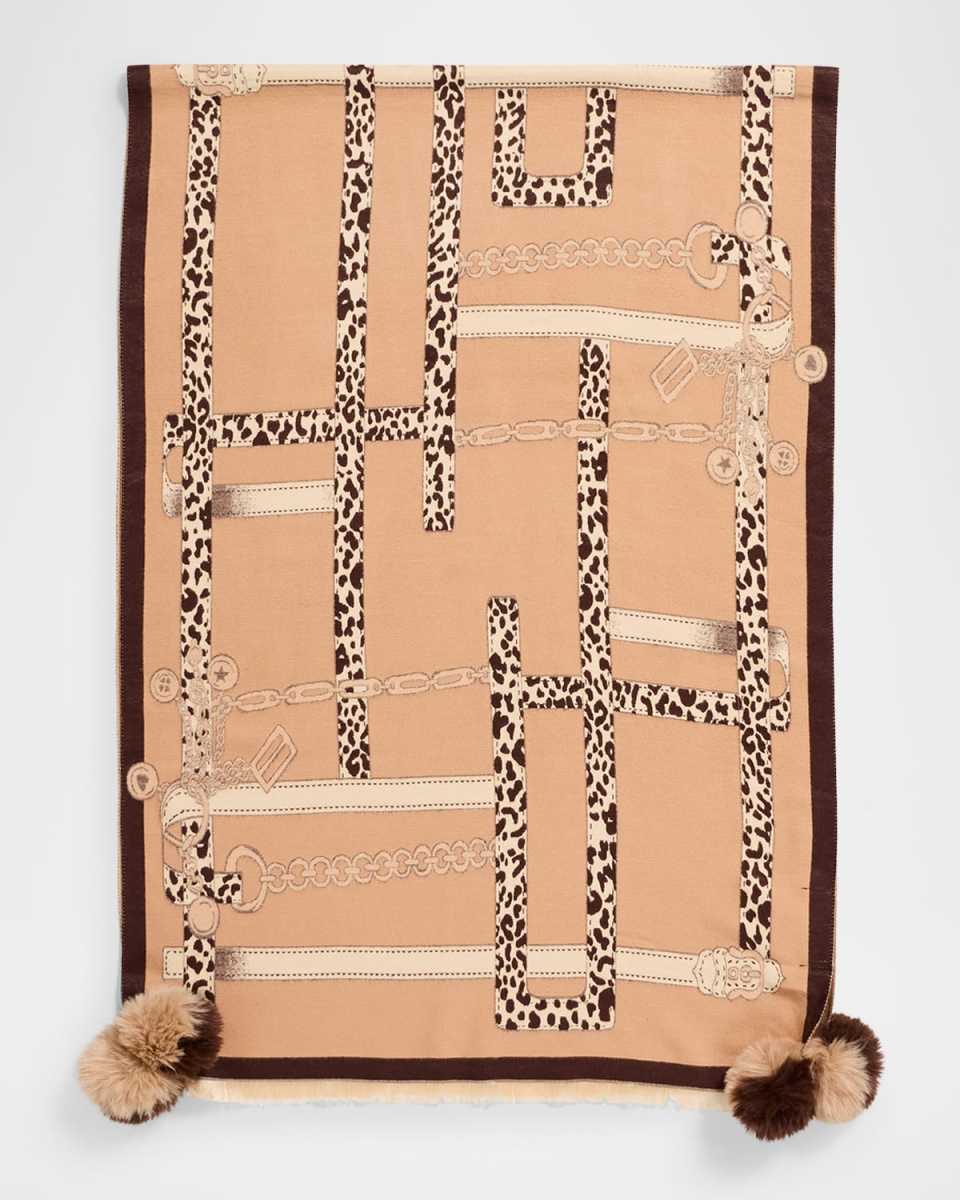Animal-Print Scarf W/ Faux Fur Poms